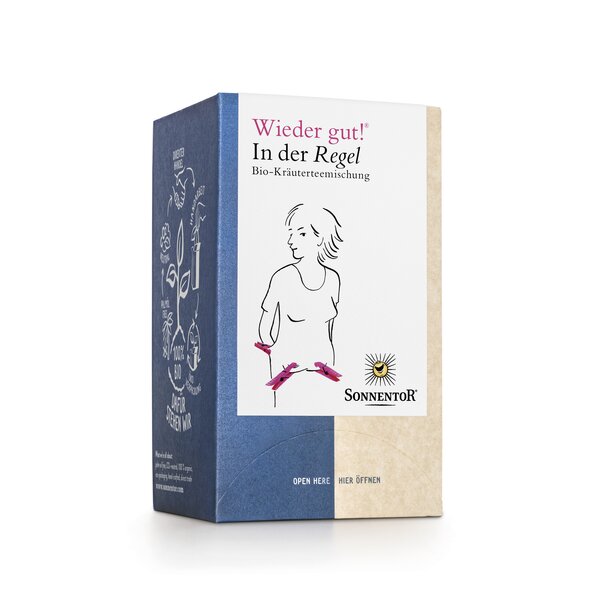 Foto einer Packung In der Regel Tee Bio-Kräuterteemischung. Auf der Packung ist eine Abbildung von einer Frau, die Wäscheklammern auf ihren Bauch zwicken.